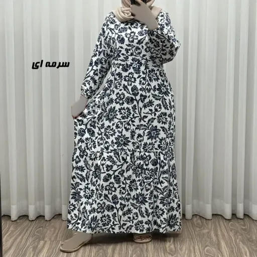 پیراهن نخی زنانه و دخترانه مدل گل یخی فری سایز مناسب تا سایز 50 با کمربند گزینه ها سرمه‌ای