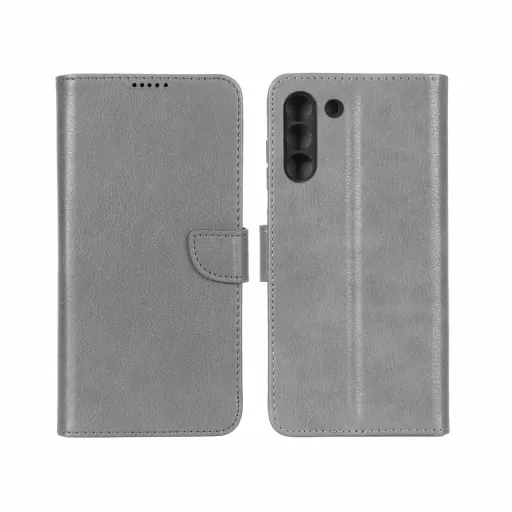 کیف موبایل چرمی جاکارتی محافظ لنزدار درجه یک KRF سامسونگ مدل Samsung Galaxy S21 FE رنگ طوسی