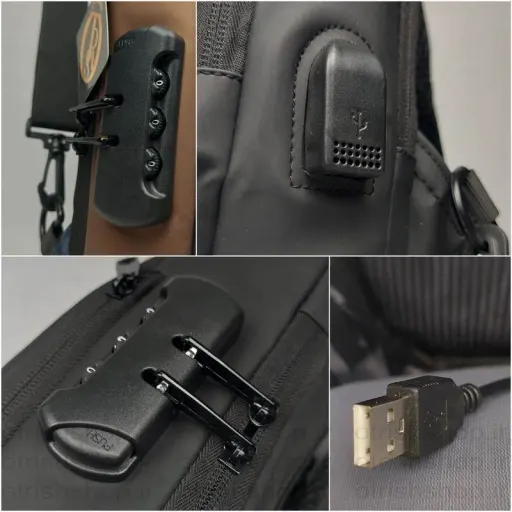 بادی بگ وارداتی رمزدار ضد آب با پورت USB - کیف کراس بادی مدرن با قفل سه رمز رنگ سرمه ای