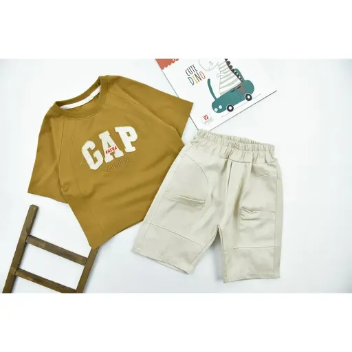 ست تیشرت و شلوارک پسرانه GAP طرح باکسی جنس پنبه و کتان گزینه ها سایز 3تا4سال(سایز40) | نسکافه ای