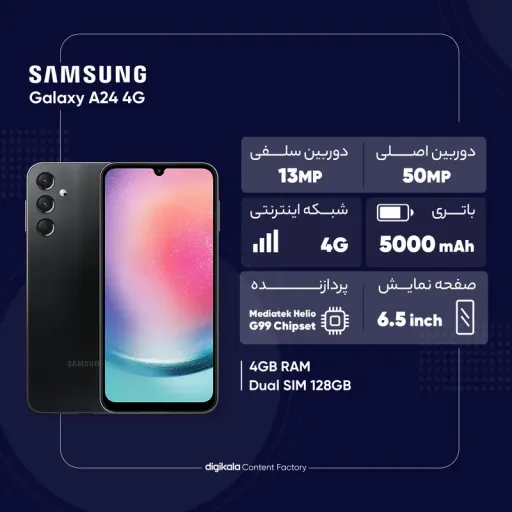 گوشی موبایل سامسونگ مدل Galaxy A24 4G دو سیم کارت ظرفیت 128 گیگابایت رم 4 گیگابایت همراه با شارژر 25 وات