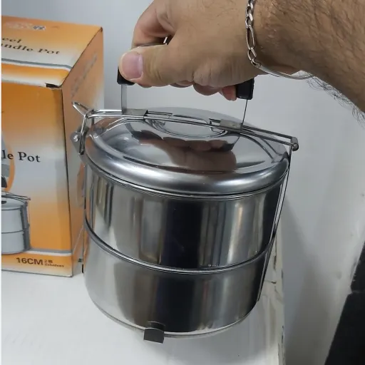 ظرف غذا ناهاربری 2 طبقه استیل قفل دار دسته دار بزرگ (استیل نگیر وارداتی)