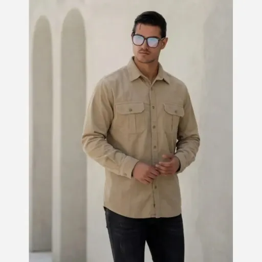 پیراهن کتان مردانه مدل یاشیل رنگ خاکی گزینه ها سایز 2