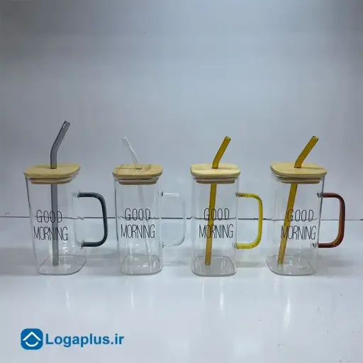 لیوان پیرکس چهارگوش Good Morning با نی شیشه‌ای رنگی 400ml (پسکرایه) رنگ سفید