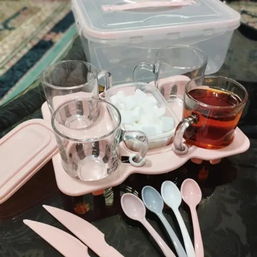 سرویس چایخوری مسافرتی 4 نفره تاپکو سبد پیک نیک ست صبحانه خوری رنگ کالباسی