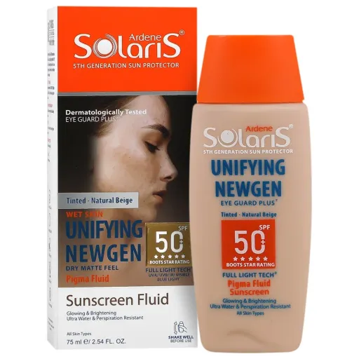فلوئید ضدآفتاب یونی فایینگ نیوژن SPF50 آردن سولاریس | رنگ بژ طبیعی | سایز 75 میلی لیتر | سن مصرف بزرگسال | شرکت سازنده داروسازی پارس حیان | کد بهداشتی 7143814012174651 | کشور سازنده ایران | مناسب برای انواع پوست | نوع محصول فلوئید | نوع محفظه بطری پلاستیکی