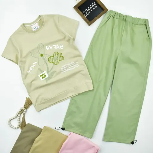 ست تیشرت و شلوار دخترانه طرح گل با شلوار نیم بگ کتان کش و تیشرت پنبهای گزینه ها سایز 13تا14سال(سایز65) | رنگ استخوانی