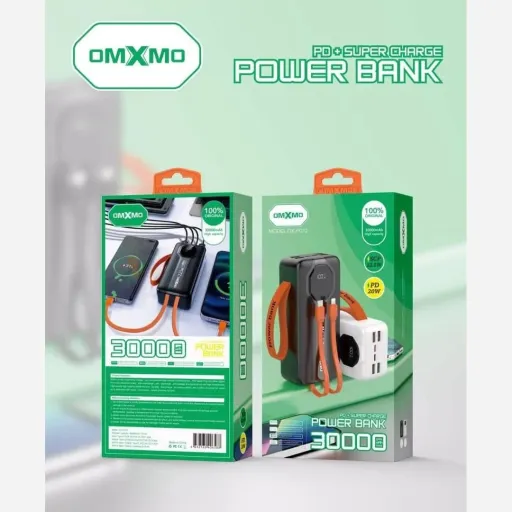 پاوربانک 30000 مدل موکسوم OMXMOصد درصد اوجینال مانیتور دارسوپر فست شارژ و کابل دار 22/5 وات