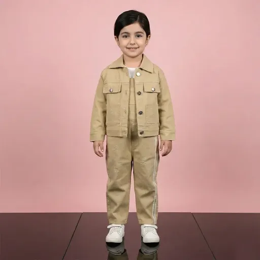 ست کت کتان و بیلر دخترانه رنگ کرم کد 11243 گزینه ها سایز 5تا6سال(سایز45)