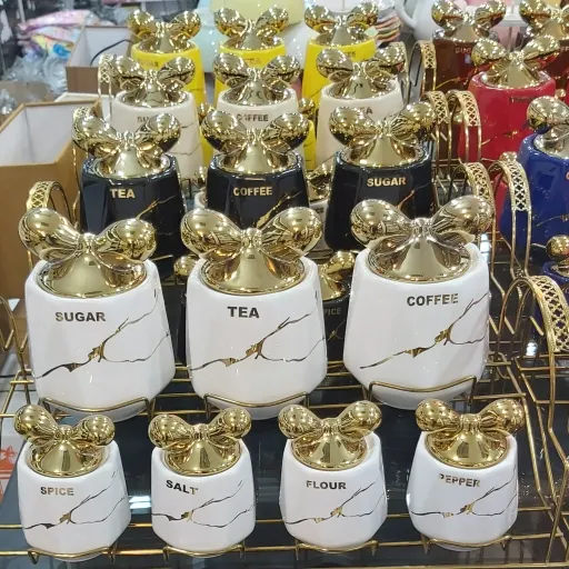 پاسماوری استنددار پاپیون سفید طلایی ماگرو جا ادویه 7تایی سرامیکی ماربل جدیدmagro