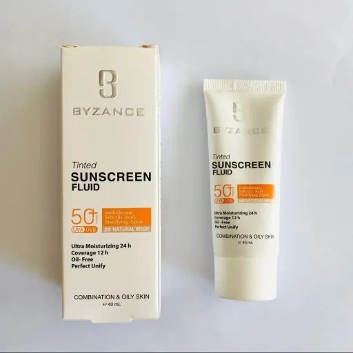 ضد آفتاب فلوئید رنگی بیزانس spf50 رنگ 20 چرب و مختلط مستعد آکنه