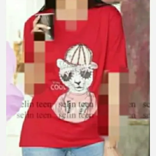 تیشرت نخی گربه  عینکی نگین کاری شده فری سایز تا 46 رنگبندی  دو رنگ تیشرت زنانه تیشرت دخترانه  رنگ قرمز