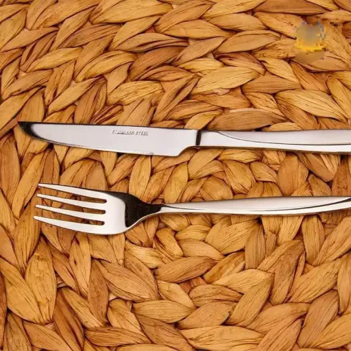 کارد و چنگال پذیرایی یونیک آلمان حک شده (6چاقو کارد میوه6 چنگال پذیرایی)طرح خط دار دسته یک تکه استیل.کارد چنگال جعبه ای