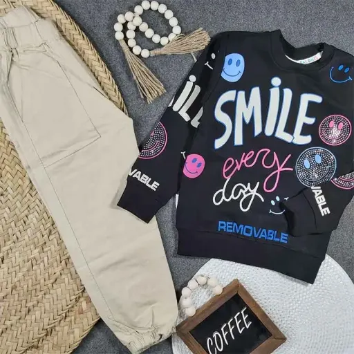 بلوز شلوار دخترانه طرح SMILE جنس پنبه سوپر و کتان کد 9065 گزینه ها سایز 11تا12سال(سایز60) | گلبهی روشن