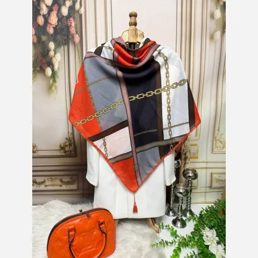  روسری  نخ کاستوم دیور زنجیر کلاسینو  رنگ نارنجی طوسی