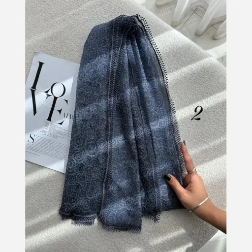 شال حریرشیفون سرمه ای مارک 5515 طرح کد 4