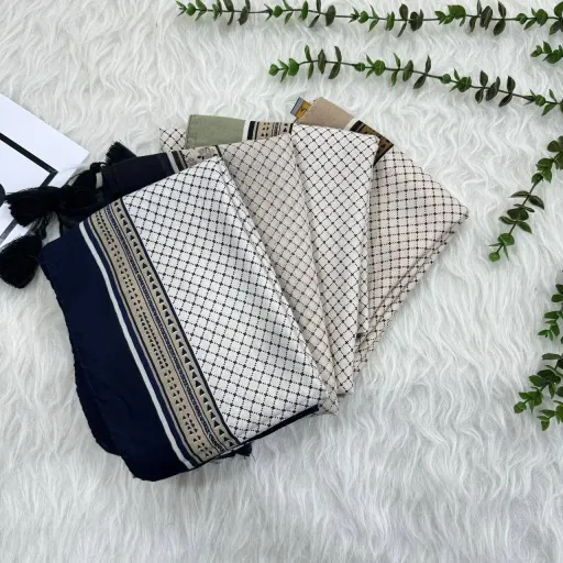 شال نخی طرحدار سی آی اسکارف کد 865 قواره 185×70 سانت عدم آبرفت و رنگرفتگی گزینه ها کرمی