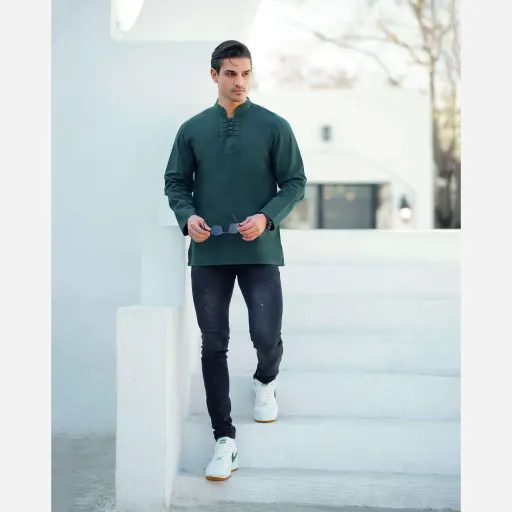 پیراهن مردانه الیاف طبیعی 100 درصد پنبه مدل گره ای رنگ سبز یشمی گزینه ها سایز 4XL