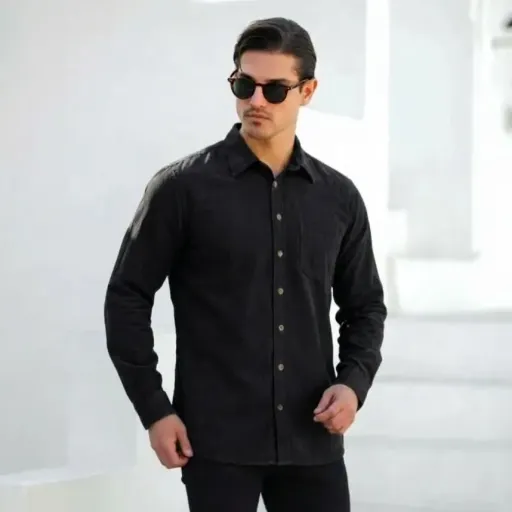پیراهن کتان مردانه مدل تک جیب رنگ مشکی گزینه ها سایز 2XL