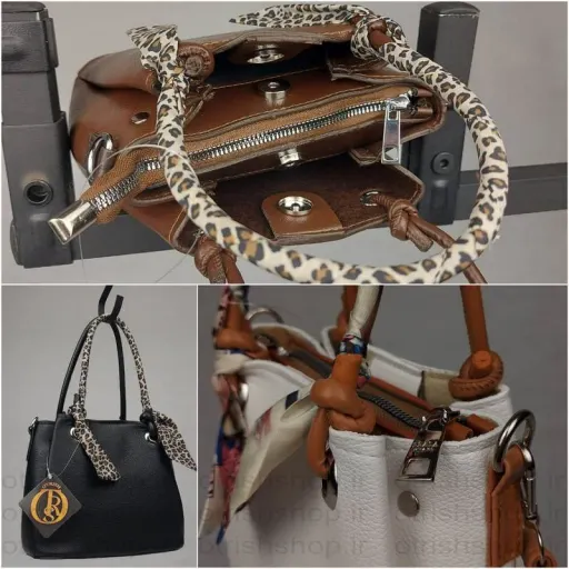 کیف دستی مینی بند گره سه قسمته - چرم شلنگ خارجی با دو بند و اسکارف آویز در 4 رنگ رنگ مشکی
