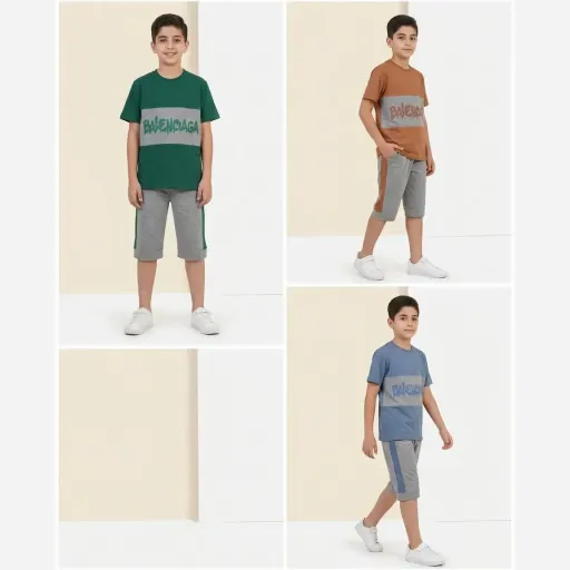 ست تیشرت و شلوارک اسپرت بچگانه طرح BALENCAGA جنس سوپر پنبه و ملانژ سایز 60 تا 70 رنگ قهوه ای سایز70